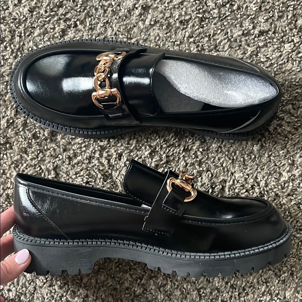 Black Loafers with Gold Chain Detail